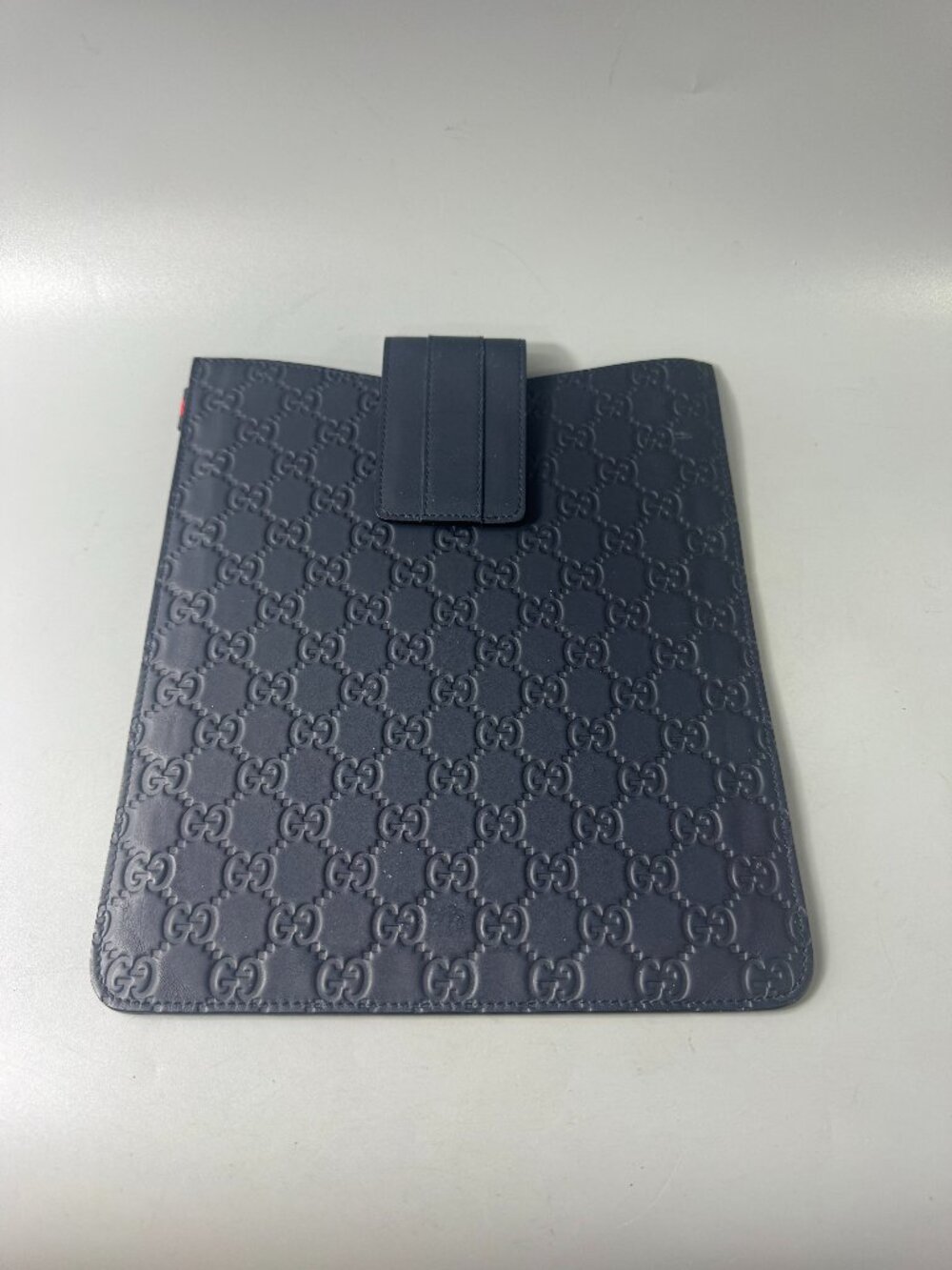 Authentic Gucci 2010s Sima Embossed Navy Blue Leather Tablet Case